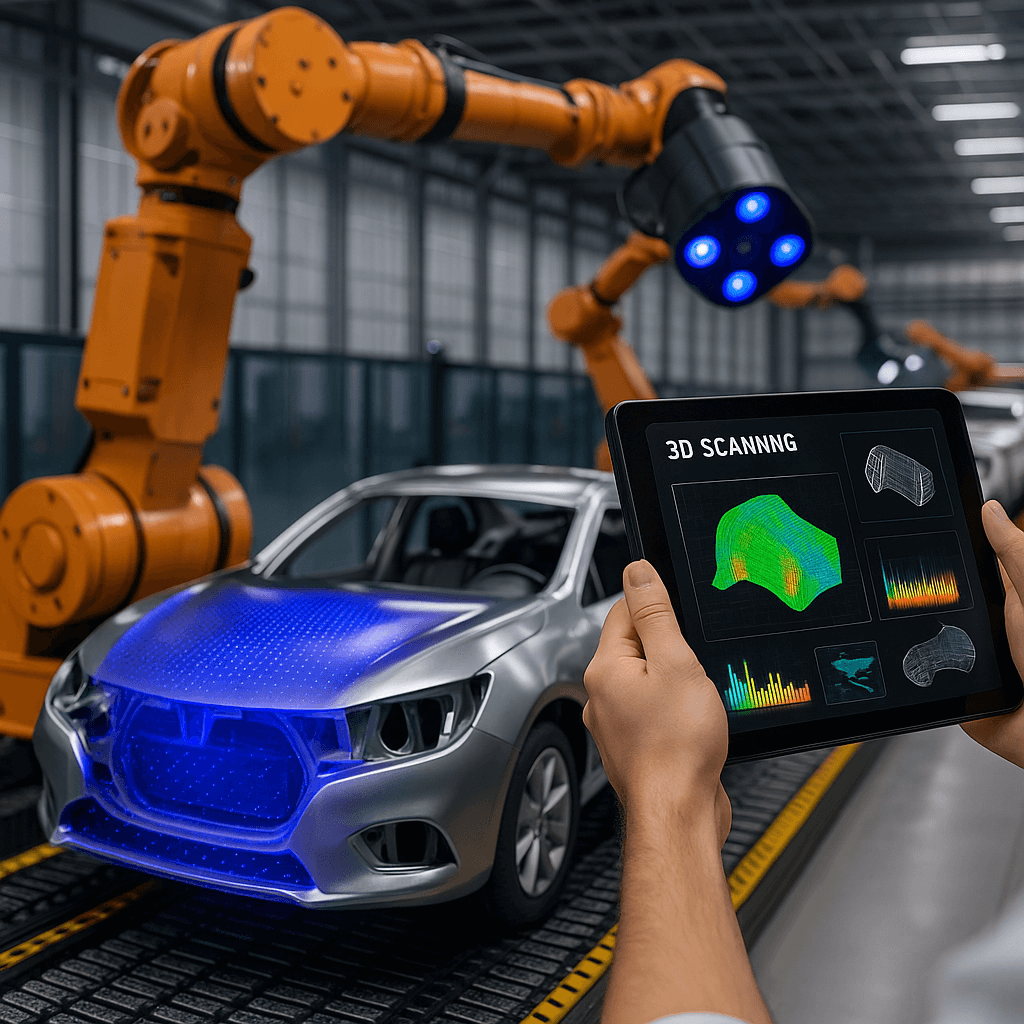A technician uses a tablet to monitor 3D scanning of a car body by robotic arms inside a modern automotive factory.