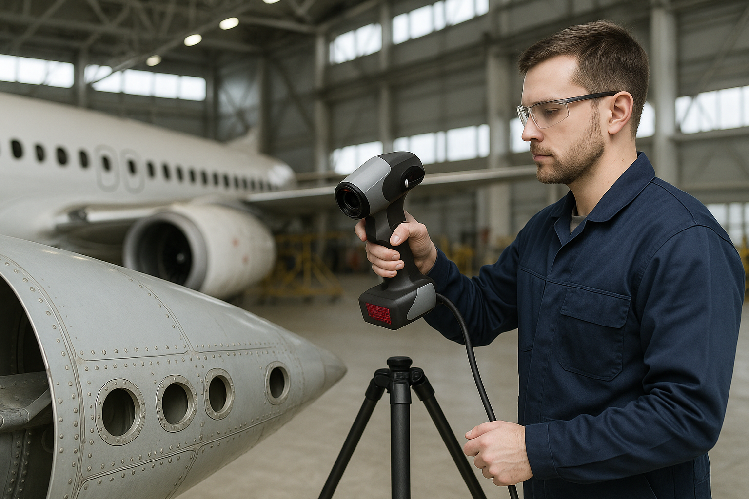 Technician using a 3D scanner to inspect an aircraft component inside an aerospace MRO hangar