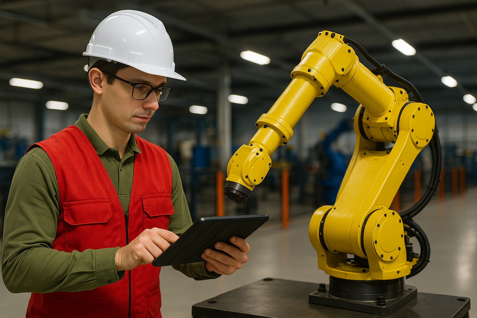 Technician using a tablet to monitor and inspect a robotic automation arm inside a manufacturing facility
