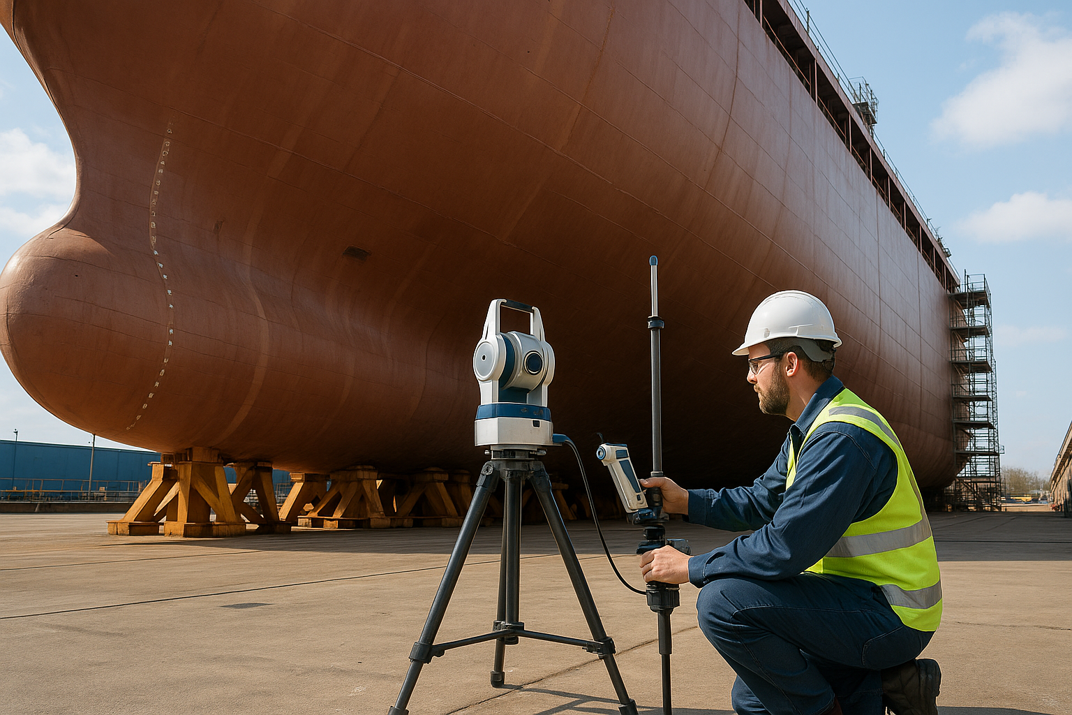 Laser tracker technician performing marine metrology on a ship hull in dry dock in Virginia