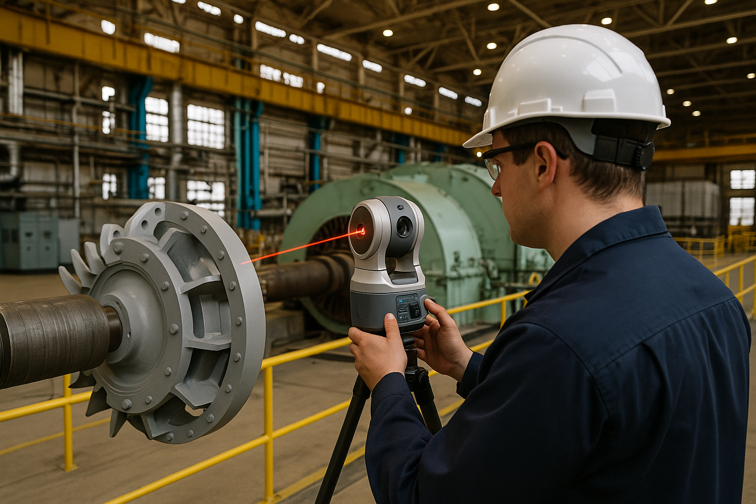 Technician performing 3D scanning on turbine components at a power generation facility in Virginia