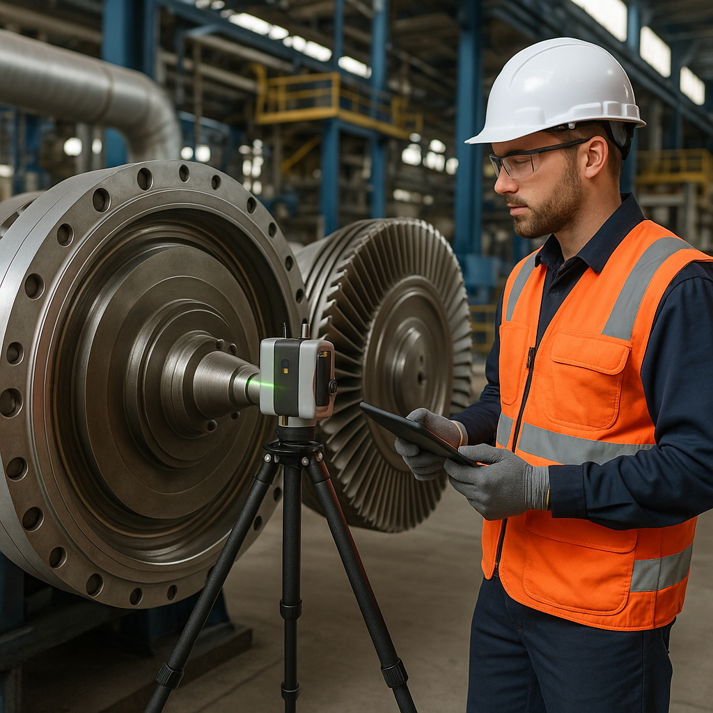 Technician using a laser alignment system to inspect a turbine inside a power generation facility