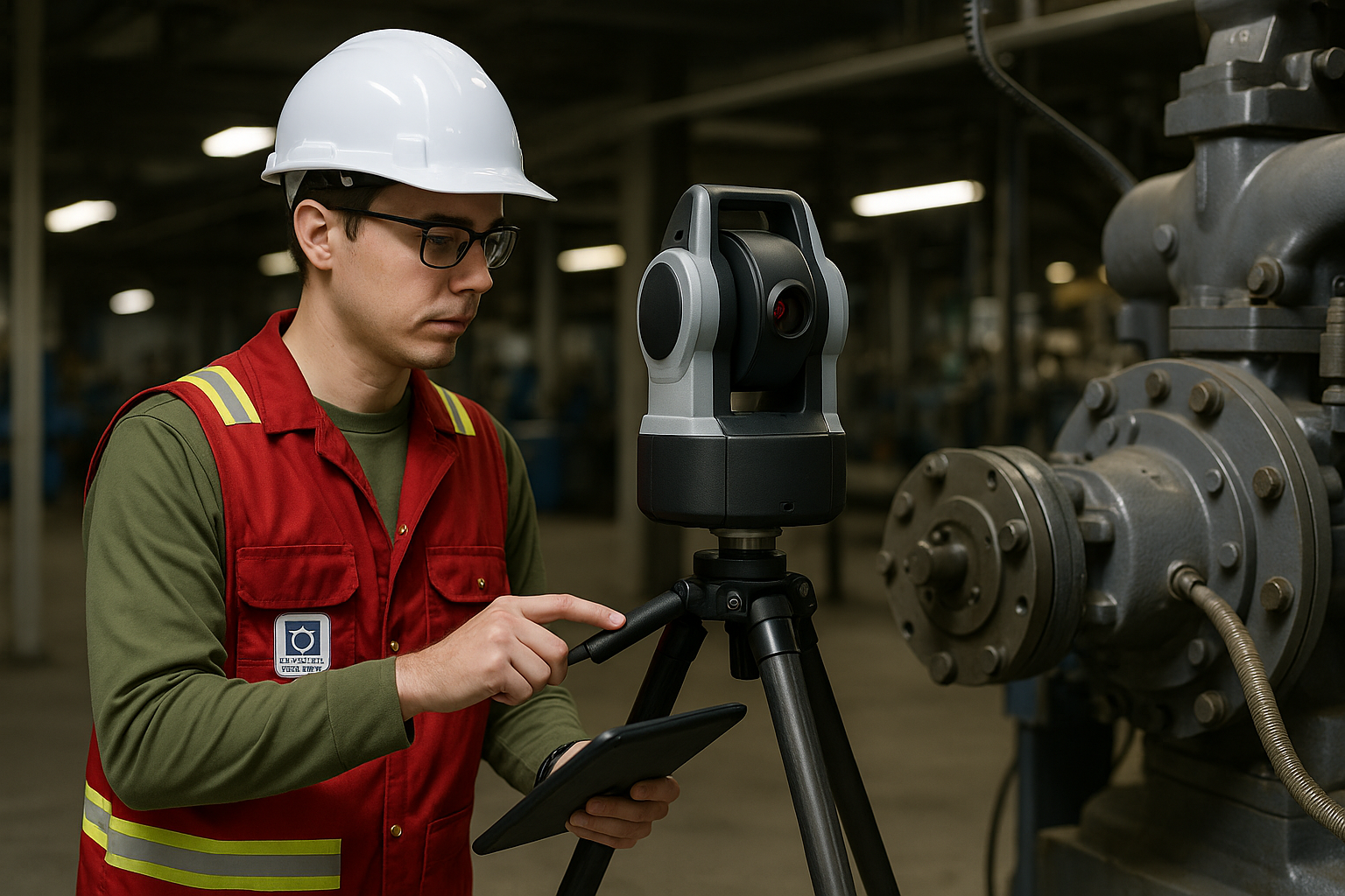 Technician using a tripod-mounted laser tracker for precision alignment on industrial machinery inside a manufacturing facility