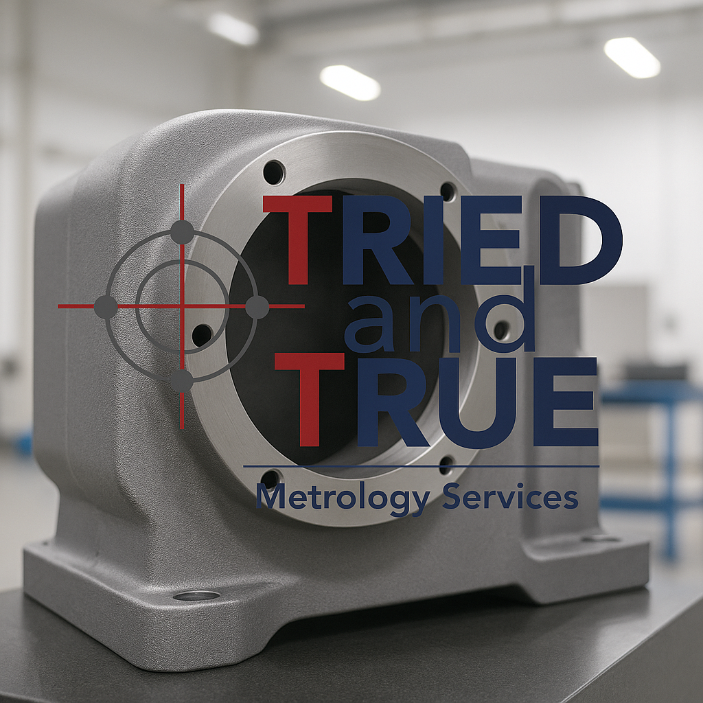 Industrial machinery component with the Tried and True Metrology Services logo overlaid to represent metrology equipment and nationwide service capability