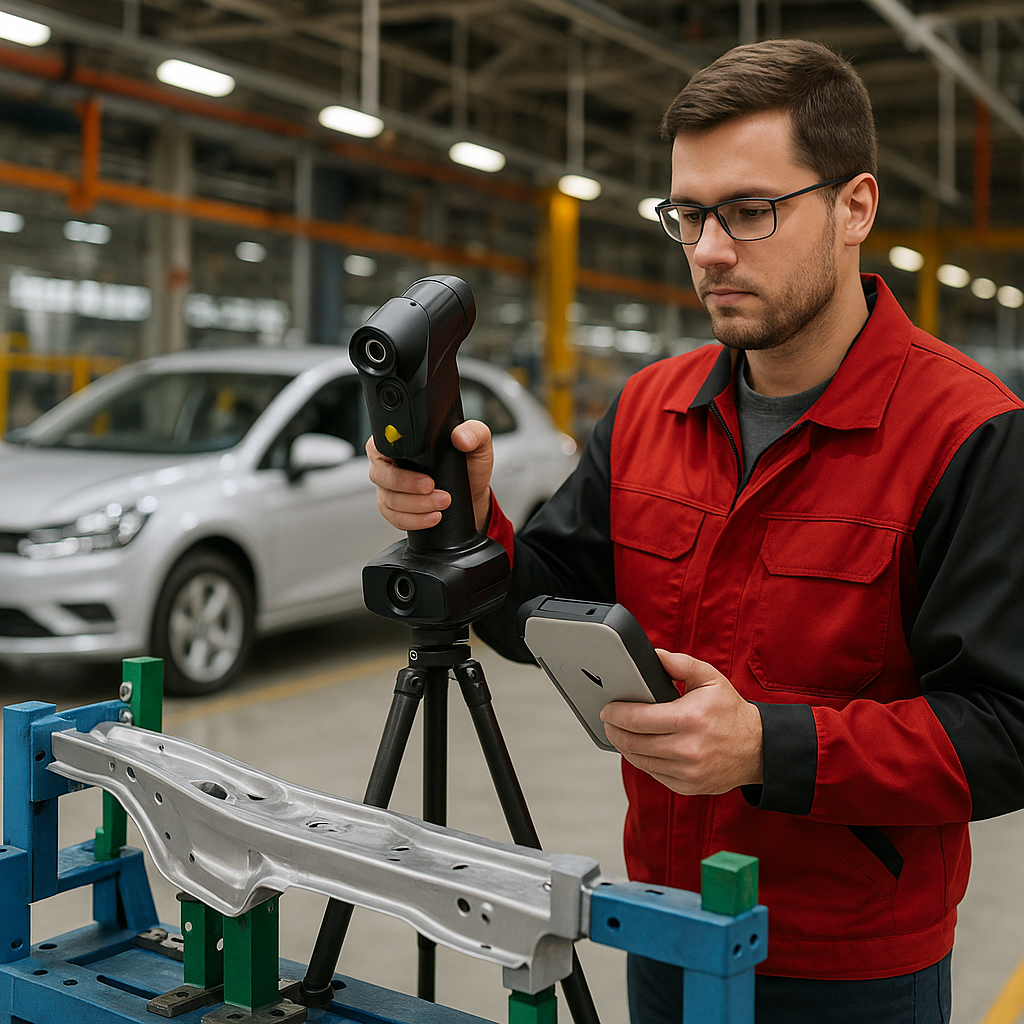 Technician performing 3D scanning on automotive tooling inside a vehicle manufacturing facility
